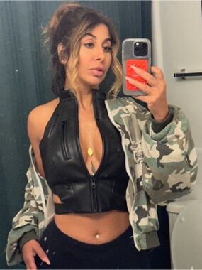 Black Faux Leather Halter Crop Camisole